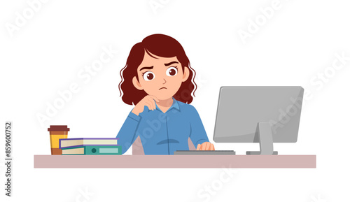 woman employee sit in desk working on office and serious look to computer