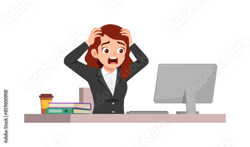 man employee sit in desk working on office and scream and panic