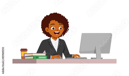 happy woman employee sit in desk working on office with computer