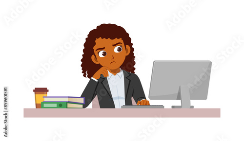 woman employee sit in desk working on office and serious look to computer