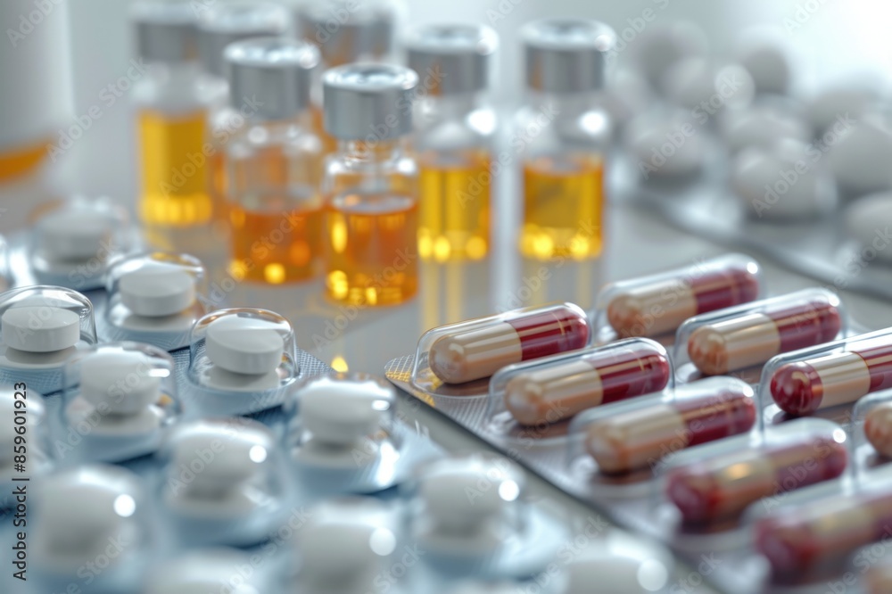 A close-up of pills and vials in a medical setting