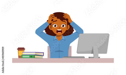 man employee sit in desk working on office and scream and panic