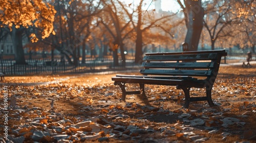 Sunny Autumn Park Bench Morning