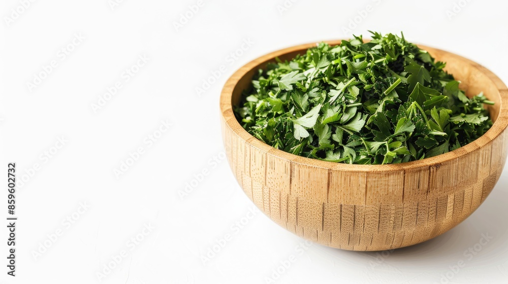 Dried parsley in a wooden bowl on white background with copy space Dried parsley in a wooden bowl on white background with copy space