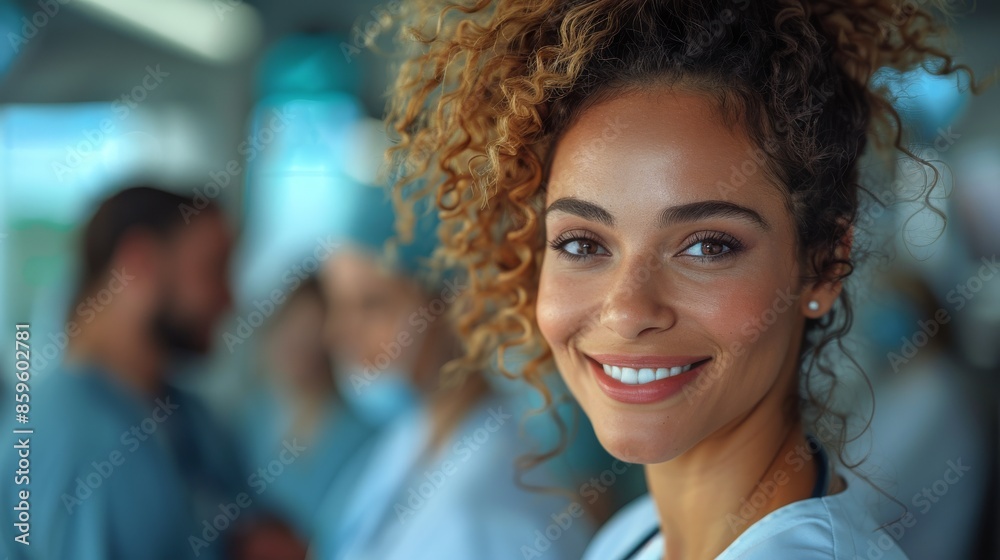 A smiling nurse with curly hair is surrounded by colleagues in a hospital setting, showcasing teamwork, care, and the delivering of healthcare services. A smiling nurse with curly hair is surrounded by colleagues in a hospital setting, showcasing teamwork, care, and the delivering of healthcare services.
