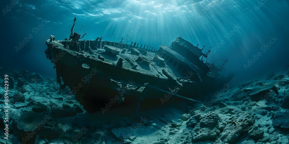 Shipwreck resting on ocean floor beneath the sea's surface. Concept Ocean Exploration, Marine Archaeology, Underwater Discoveries, Shipwreck Research, Submerged History Shipwreck resting on ocean floor beneath the sea's surface. Concept Ocean Exploration, Marine Archaeology, Underwater Discoveries, Shipwreck Research, Submerged History