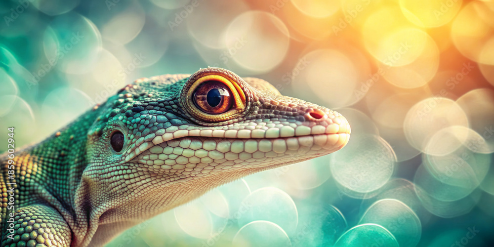 A close-up view of a lizard showcases its detailed scales and alert, bright eye. The bokeh effect in the background creates a dreamy atmosphere with light orbs scattered beautifully throughout.AI gene A close-up view of a lizard showcases its detailed scales and alert, bright eye. The bokeh effect in the background creates a dreamy atmosphere with light orbs scattered beautifully throughout.AI gene