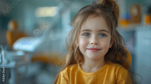 A little girl with blue eyes and freckles sits in a dental clinic chair, smiling softly and radiating innocence, trust, and comfort in a professional medical setting.