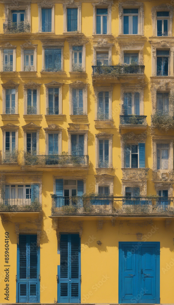 Yellow facade and windows with blue shutters on old building Yellow facade and windows with blue shutters on old building