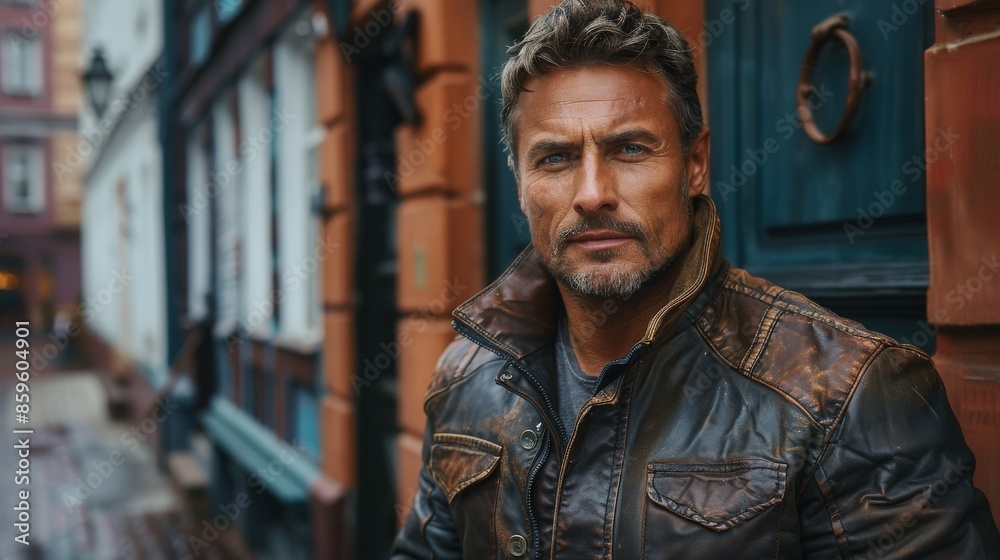 A mature man with distinguished features, wearing a brown leather jacket, standing confidently on a city street, exuding strength and depth through his pensive expression. A mature man with distinguished features, wearing a brown leather jacket, standing confidently on a city street, exuding strength and depth through his pensive expression.