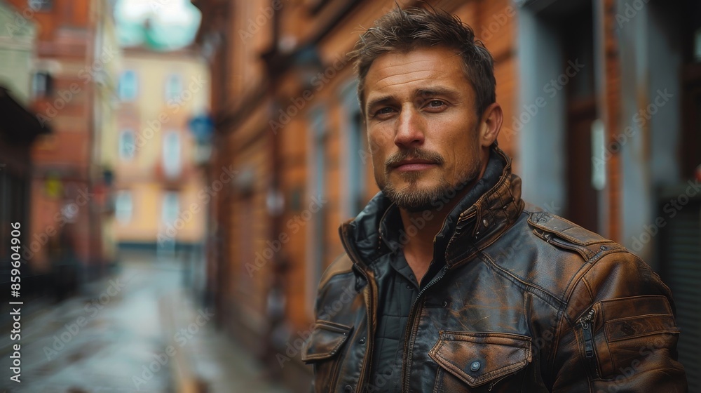 A man with a serious expression, dressed in a stylish brown leather jacket, poses confidently in an urban street setting, depicting a sense of modernity and elegance. A man with a serious expression, dressed in a stylish brown leather jacket, poses confidently in an urban street setting, depicting a sense of modernity and elegance.