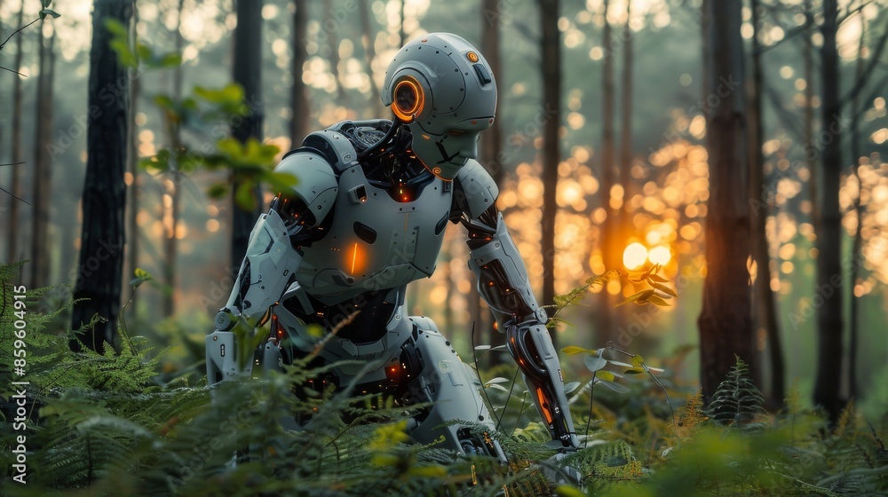 Futuristic humanoid robot roaming through high shrubs in pine forest Futuristic humanoid robot roaming through high shrubs in pine forest