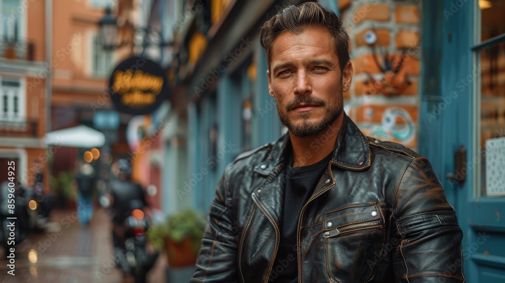A stylish man in a black leather jacket leans against a city building, exuding confidence and individuality in a bustling urban environment filled with vibrant life. A stylish man in a black leather jacket leans against a city building, exuding confidence and individuality in a bustling urban environment filled with vibrant life.
