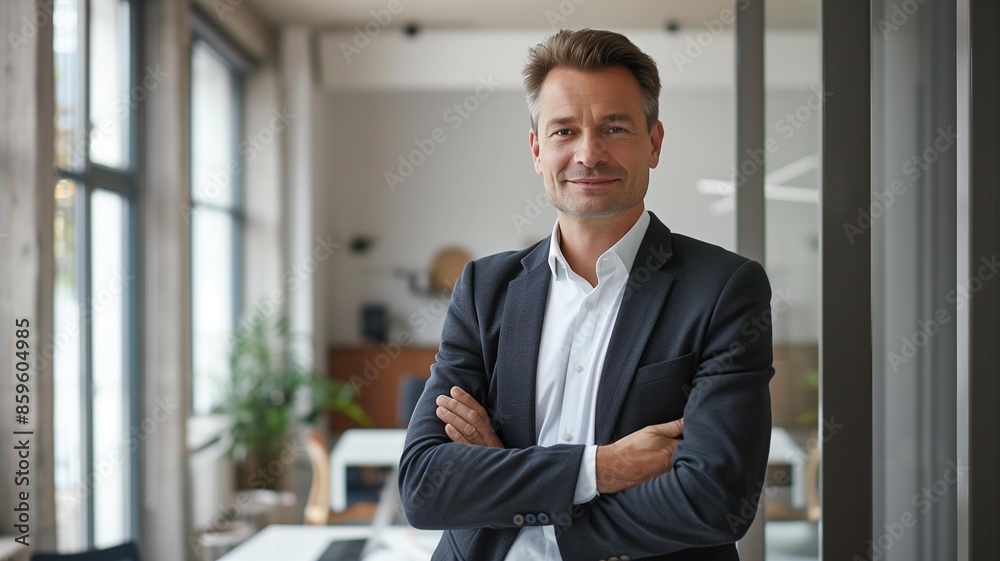 cheerful professional businessman standing confidently in an office cheerful professional businessman standing confidently in an office