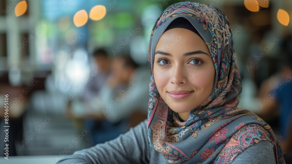 A woman wearing an intricately patterned headscarf is seated at a cafe table, presenting a moment of serene reflection within the bustling, stylish social environment. A woman wearing an intricately patterned headscarf is seated at a cafe table, presenting a moment of serene reflection within the bustling, stylish social environment.