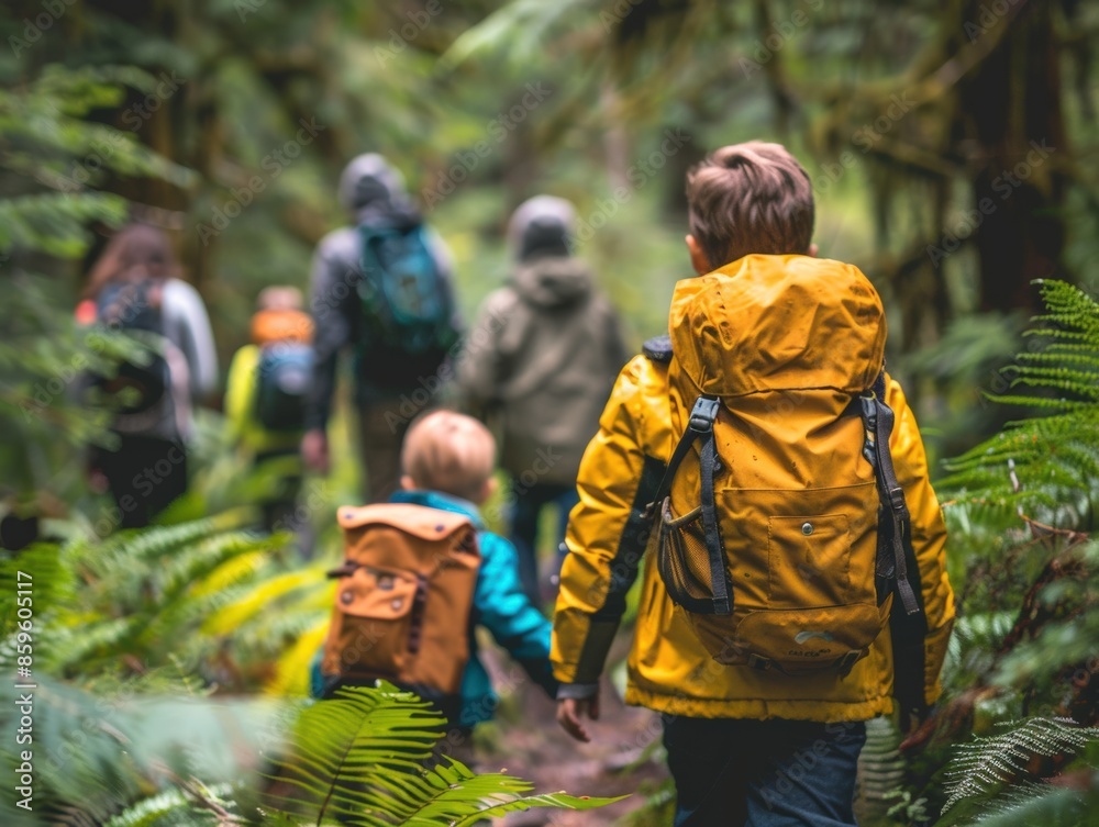 Young Boy Wearing Yellow Rain Jacket Hiking Through Lush Green Forest with Backpack Young Boy Wearing Yellow Rain Jacket Hiking Through Lush Green Forest with Backpack