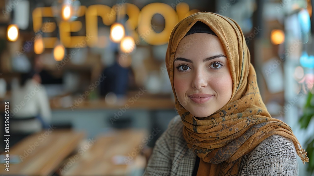 A smiling woman, dressed in a mustard headscarf, is seated at a modern cafe, embodying a sense of warmth and style amidst a contemporary and welcoming environment. A smiling woman, dressed in a mustard headscarf, is seated at a modern cafe, embodying a sense of warmth and style amidst a contemporary and welcoming environment.