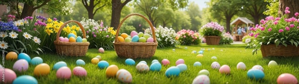 Serene Easter egg hunt in a park, with colorful eggs hidden among blooming flowers and a basket on the grass. Serene Easter egg hunt in a park, with colorful eggs hidden among blooming flowers and a basket on the grass.