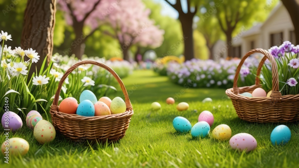 Serene Easter egg hunt in a park, with colorful eggs hidden among blooming flowers and a basket on the grass. Serene Easter egg hunt in a park, with colorful eggs hidden among blooming flowers and a basket on the grass.