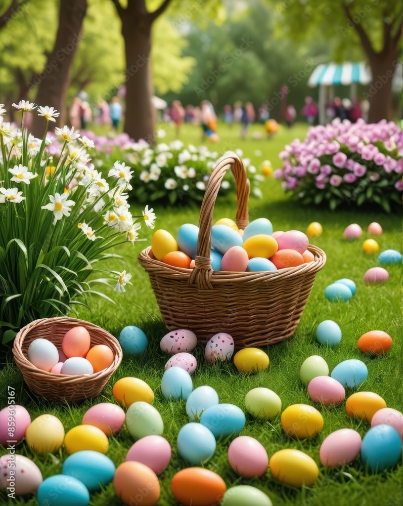 Serene Easter egg hunt in a park, with colorful eggs hidden among blooming flowers and a basket on the grass.