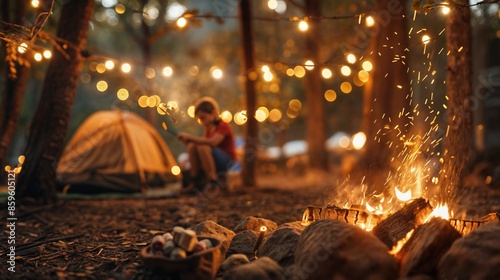 A child roasts marshmallows by a campfire under the starry night sky © Artur Lipiński