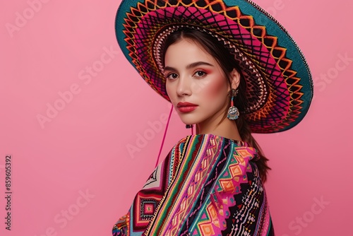 Beautiful young mexican woman wearing sombrero and poncho on pink background photo