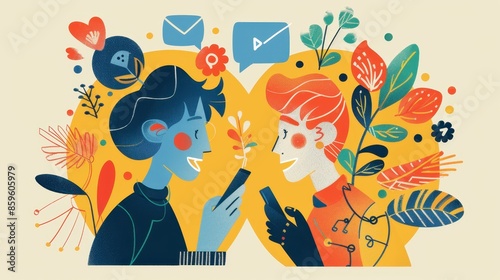 Two stylized characters, one with blue hair and the other with orange hair, engaged in a conversation using smartphones
