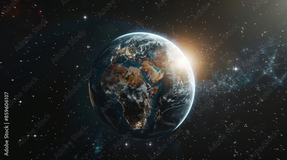 Obraz premium View of Earth from space, showing the planet partially illuminated by sunlight with the night side visible. The continents of Africa, Europe, and parts of Asia and the Middle East are discernible