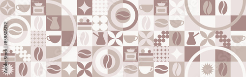 Coffee seamless background for textile and wallpaper with geometric shapes and coffee beans. Fashionable splash template with a cup in brown and green tones.