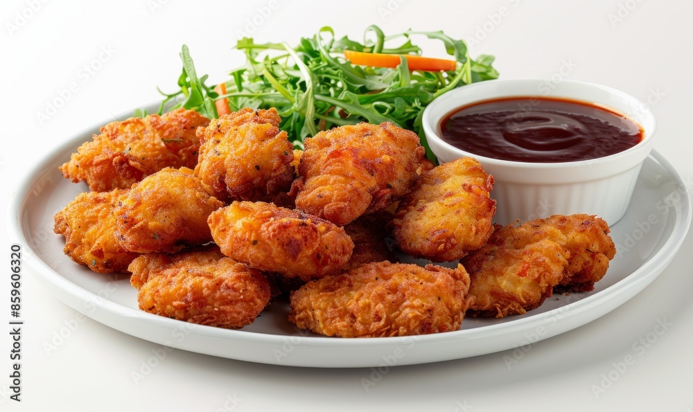 Chicken nuggets with two dressings on a plate, isolated on a white background Chicken nuggets with two dressings on a plate, isolated on a white background