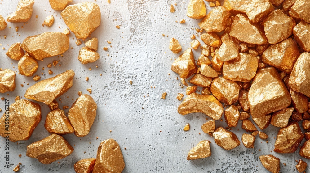 A variety of gold nuggets are neatly arranged on a light-textured surface, showcasing their bright golden luster and diverse sizes, making a captivating display of wealth and natural beauty. A variety of gold nuggets are neatly arranged on a light-textured surface, showcasing their bright golden luster and diverse sizes, making a captivating display of wealth and natural beauty.