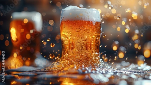 An enticing image of refreshing beer with foam and water droplets splashing around the glass, highlighting the effervescence and appeal of a cold beverage.