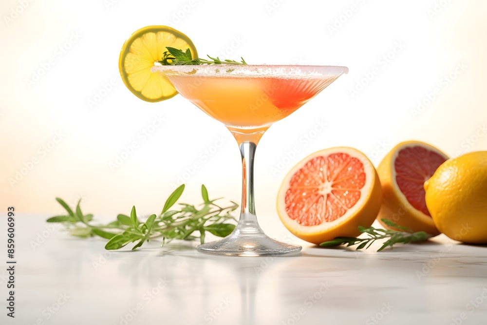 Fototapeta premium Refreshing lemon cocktail with rosemary garnish served in a martini glass.
