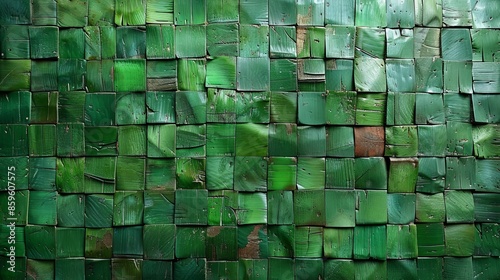 A wall made of green leaves arranged neatly in a mosaic pattern, creating an earthy and artistic vibe perfect for eco-friendly or natural-themed projects. photo