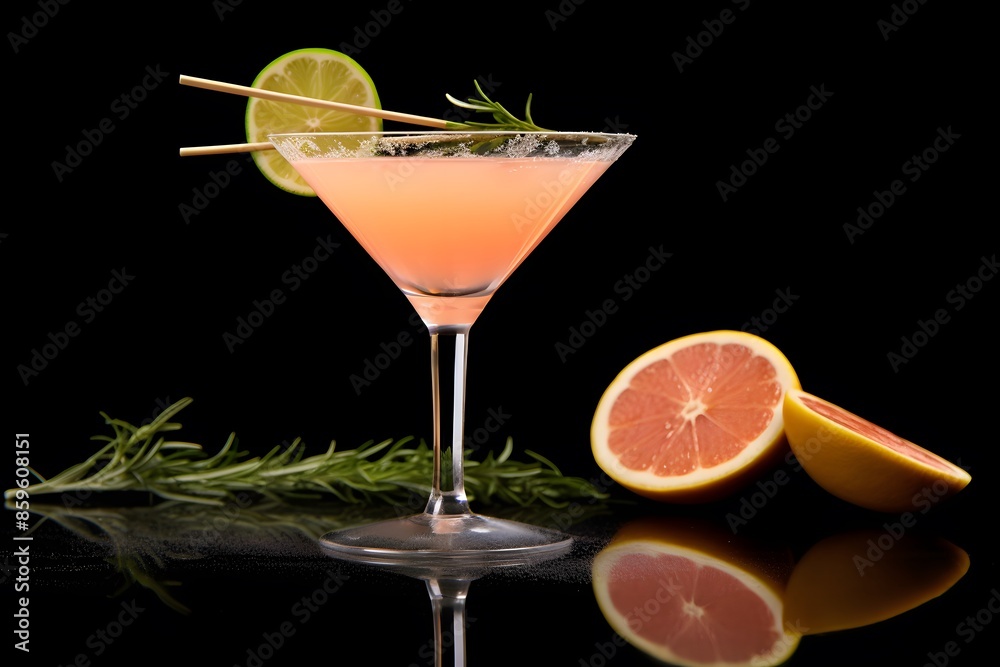 Refreshing lemon cocktail with rosemary garnish served in a martini glass. Refreshing lemon cocktail with rosemary garnish served in a martini glass.