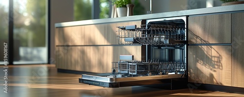A modern kitchen bathed in sunlight with a sleek, open dishwasher, symbolizing the blend of contemporary design aesthetics, functionality, and the practicality of daily household management.