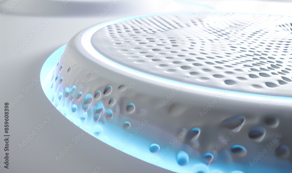 White Surface with Embossed Shape and Blue Illuminated Edge. Tech Background with Neon Circle. 3D Render White Surface with Embossed Shape and Blue Illuminated Edge. Tech Background with Neon Circle. 3D Render