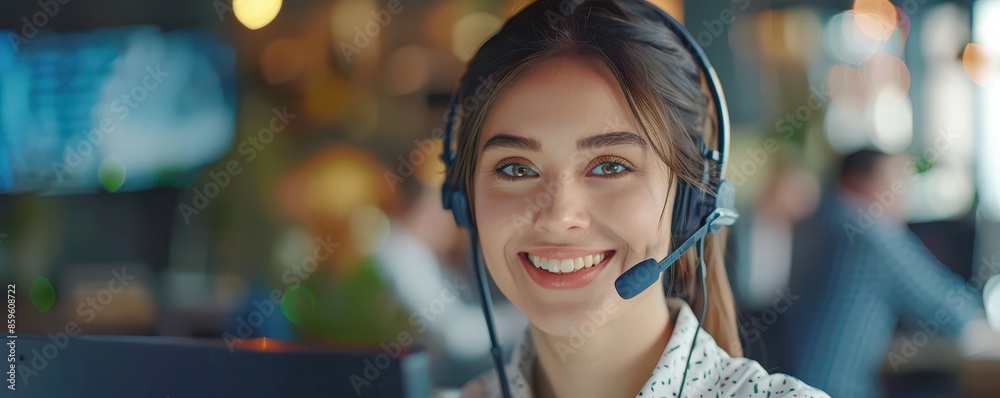 Portrait of a cheerful woman with a headset in a busy call center. She is looking at the camera with confidence, surrounded by a blurred office environment. Portrait of a cheerful woman with a headset in a busy call center. She is looking at the camera with confidence, surrounded by a blurred office environment.