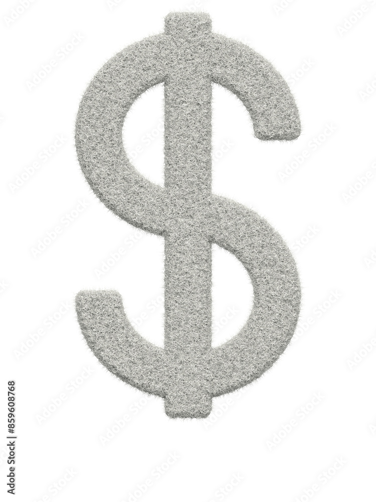 Obraz premium Dollar sign made of white wool with many fine hairs, transparent background, 3d rendering