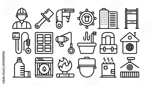 Set of 60 outline icons related to plumbing, heating, ventilation, construction, renovation. Linear icon collection. Editable stroke. Vector illustration