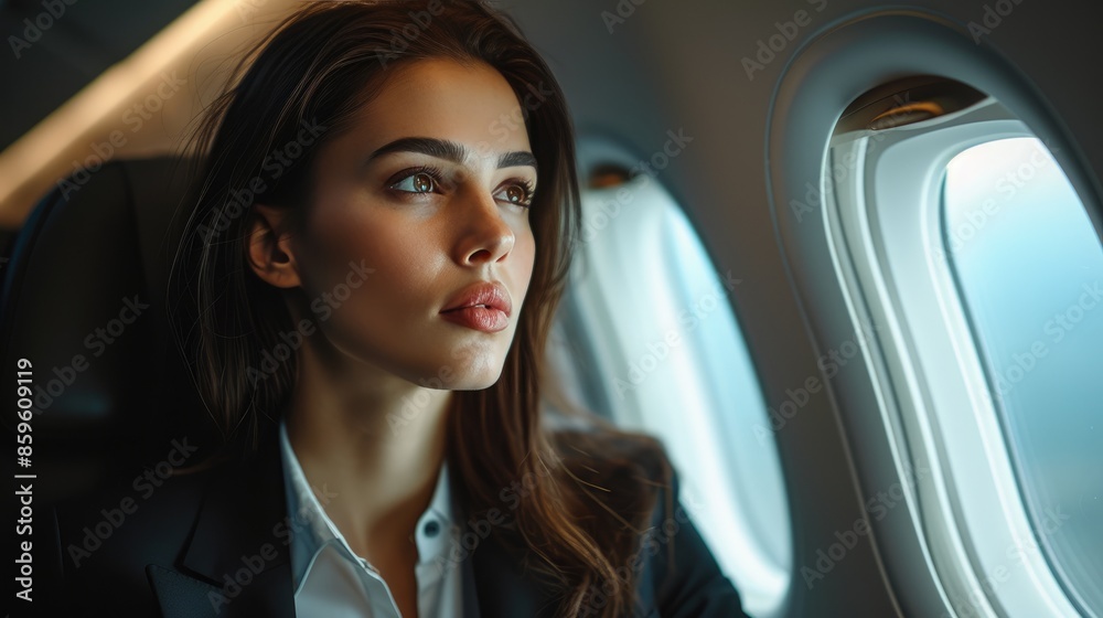 Plane Perspective: Businesswoman Gazing Outside Plane Perspective: Businesswoman Gazing Outside