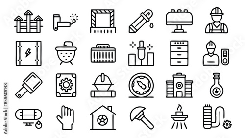 Set of 60 outline icons related to plumbing, heating, ventilation, construction, renovation. Linear icon collection. Editable stroke. Vector illustration