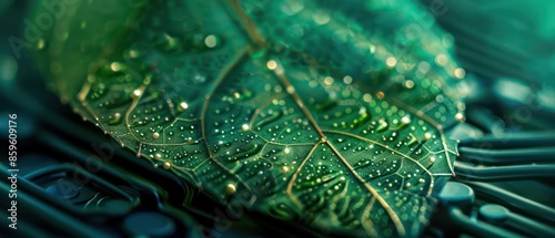 Conceptual closeup of a digital leaf with embedded nanotechnology for monitoring environmental conditions