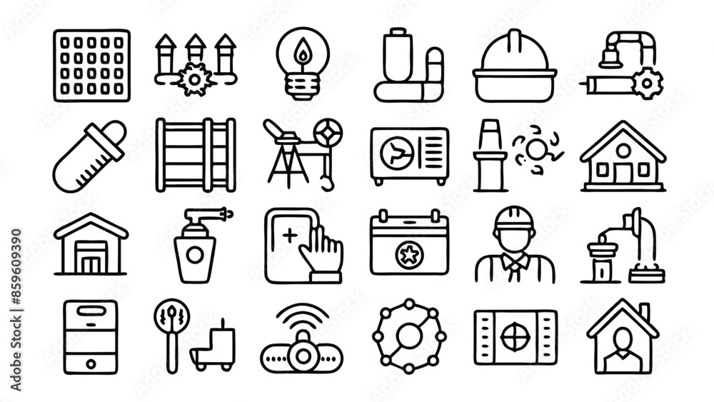 Set of 60 outline icons related to plumbing, heating, ventilation, construction, renovation. Linear icon collection. Editable stroke. Vector illustration Set of 60 outline icons related to plumbing, heating, ventilation, construction, renovation. Linear icon collection. Editable stroke. Vector illustration