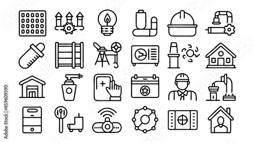 Set of 60 outline icons related to plumbing, heating, ventilation, construction, renovation. Linear icon collection. Editable stroke. Vector illustration