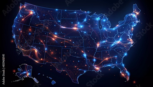 Future of Connectivity: 5G Network Expansion Across the USA, map of the USA with dynamic waves spreading outwards, 5G technology and its coverage across different states.