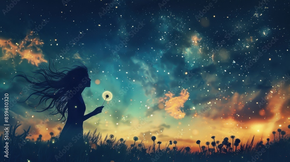 A girl is standing in a field of dandelions and looking up at the sky
