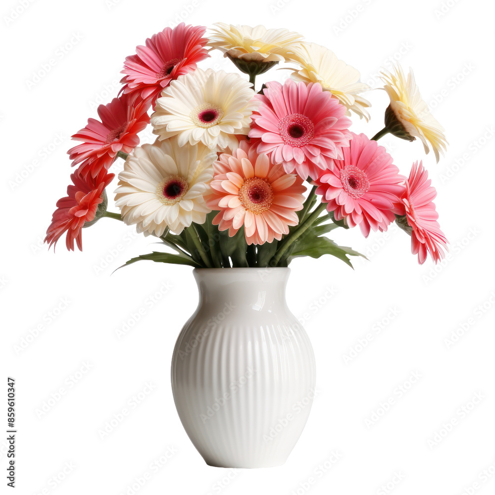 Beautiful gerbera flowers bouquet in a vase solated on white or transparent background, png clipart, design element. Easy to place on any other background.