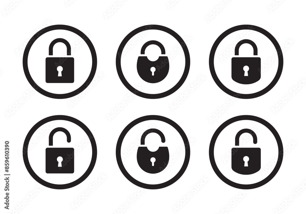 Lock and unlock icon privacy symbol set in stroke circle in black and white color. Lock icon collection. Locked and unlocked icon in black circle stroke. Flat security symbol. Vector Icon. Lock and unlock icon privacy symbol set in stroke circle in black and white color. Lock icon collection. Locked and unlocked icon in black circle stroke. Flat security symbol. Vector Icon.