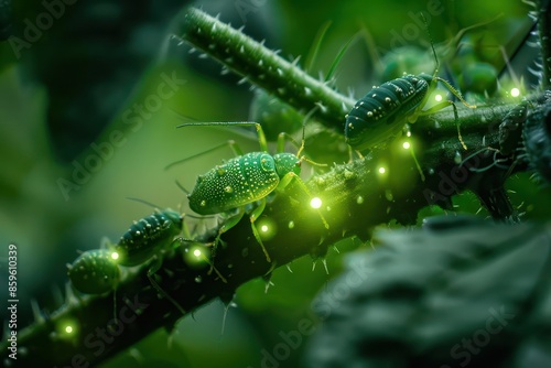 Conceptual closeup of an AIpowered aphid detection system in a smart agricultural setting